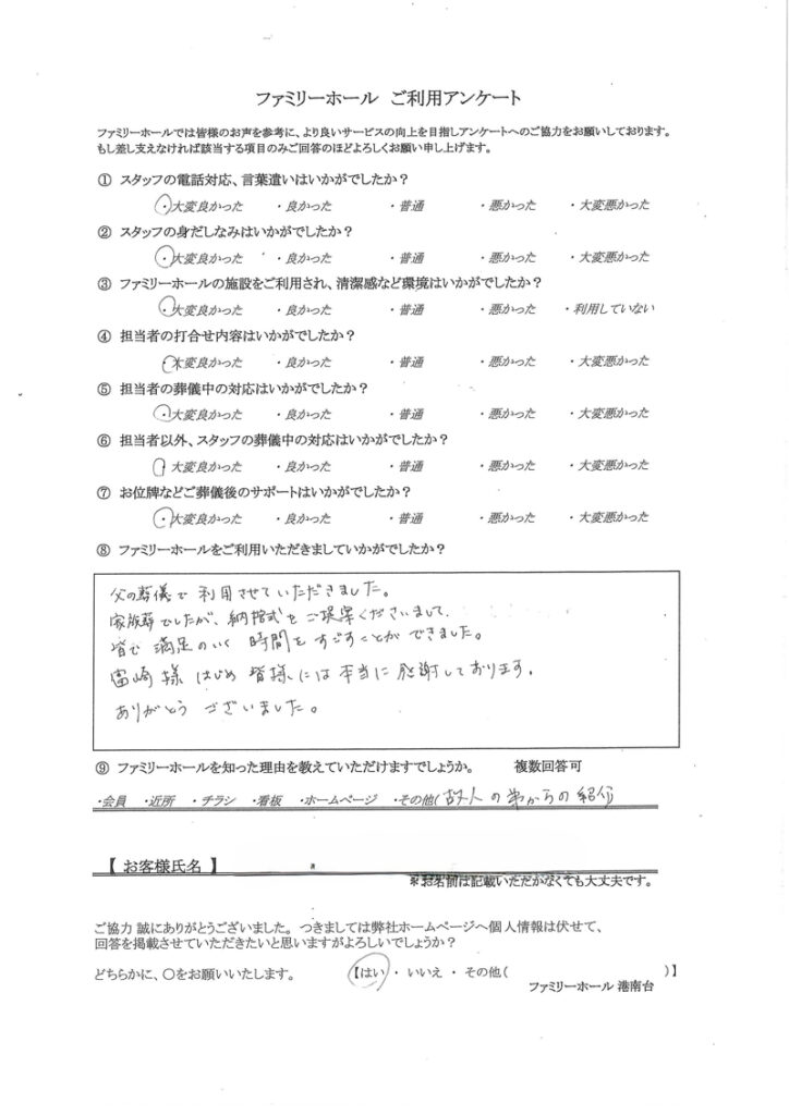 家族葬でしたが、納棺式もご提案くださいまして、皆で和やかに時間をすごすことができました。